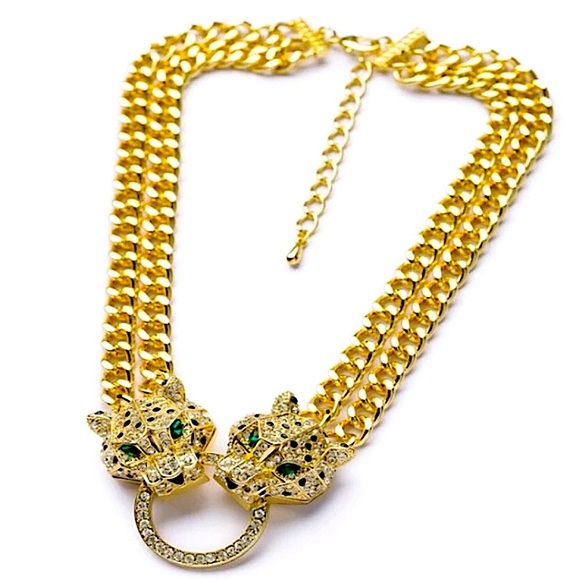 Gold Leopard Double Headed Exaggerated Statement Choker - Picture 7 of 15